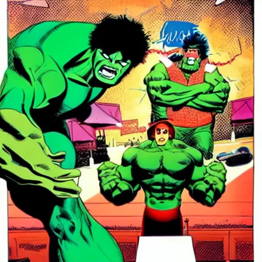 Prompt: fat chuck and the incredible hulk eating lunch. by frank miller