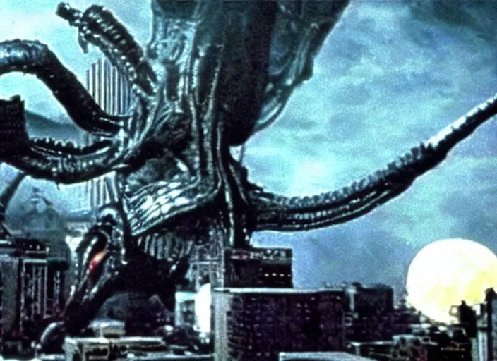 Prompt: Giant xenomorph attacking a city in a still from the movie Destroy All Monsters (1968), high quality