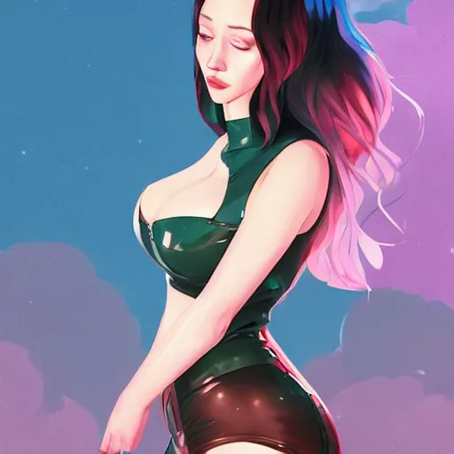 Image similar to a beautiful christina hendricks kat dennings kim larsen nicki minaj alluring instagram model in elaborate latex tank top, by guweiz and wlop and ilya kuvshinov and artgerm and makoto shinkai and studio ghibli, symmetrical eyes, aesthetic, gorgeous, stunning, alluring, attractive, artstation, deviantart, pinterest, digital art