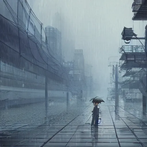 Image similar to raining dark smog wide angle shot dieselpunk dystopia makoto shinkai corrogated steel walkway