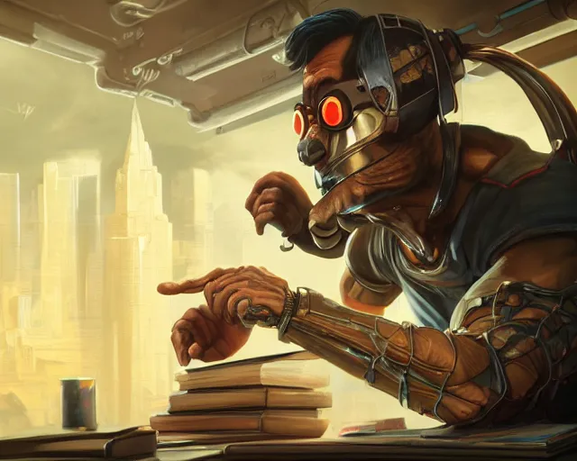 Image similar to an insanely detailed painting of a nerdy asian man wearing a superhero costume, sitting at a desk, staring at the nervously at the computer and typing, in the style of peter mohrbacher, dramatic lighting and composition, surreal background, octane render, pixar, trending on artstation, concept art, comic book, view from behind