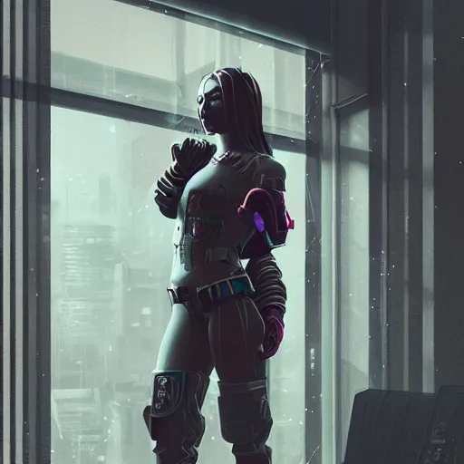 Prompt: portrait of cyberpunk woman looking out of a window, cyberpunk setting, futuristic, highly detailed, intricate lighting, digital painting, sharp focus, illustration, trending on artstation, art by wlop.