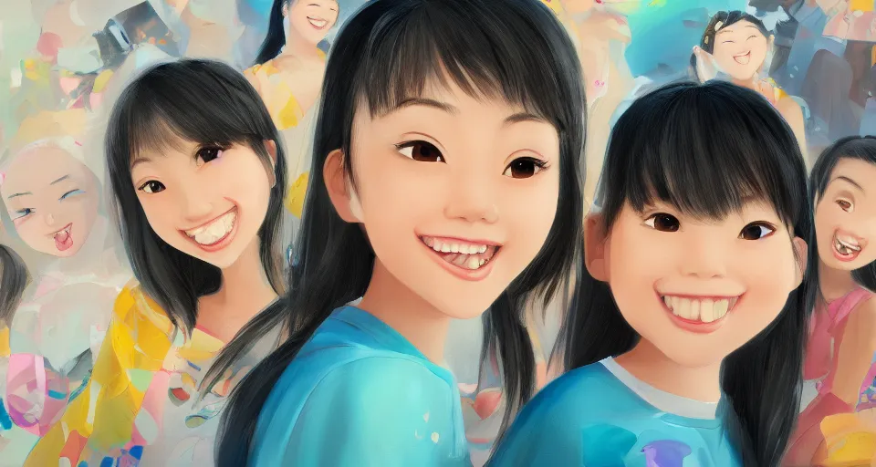 Image similar to a painting of cute Asian girls smiling, in the style of Pixar animation, low angle view, 16mm lens, award winning, hyper detailed, dramatic lighting, artstation, octane renderer, unreal engine