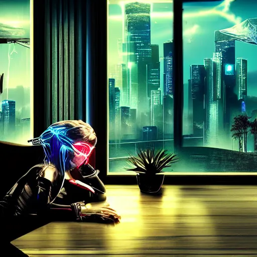 Image similar to cluttered living room wide shot cyberpunk high tech, cool cybernetic girl sitting at table, through the window is a cityscape, dramatic lighting, god rays, music by vangelis