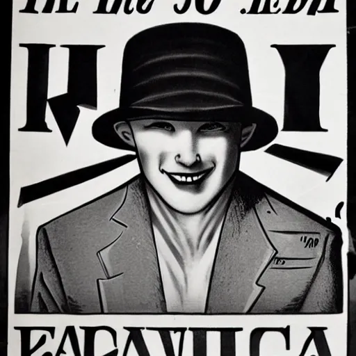 Prompt: Extremely pale human, flat preacher hat, unshaven, sly smile, evil aura, black and white poster art, cca 1930