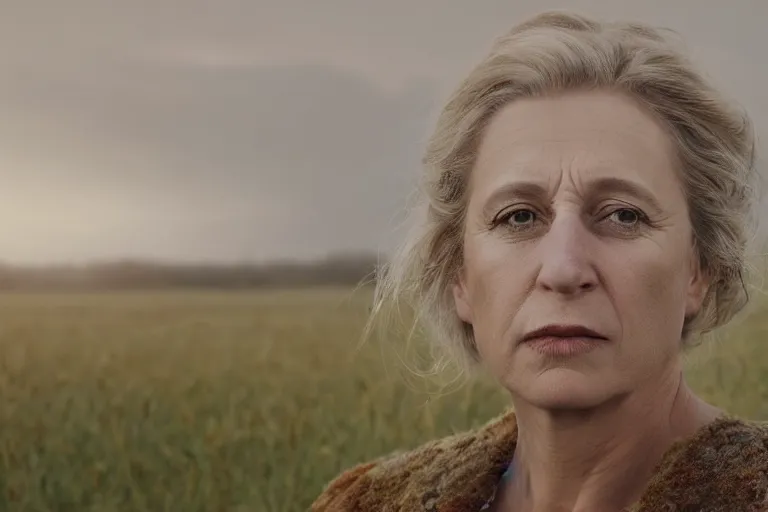 Image similar to a highly detailed cinematic headshot portrait of a frozen middle aged woman stood in a field, field on fire, ultra realistic, depth, beautiful lighting, by annie leibovitz, photorealistic, hyperrealistic, octane, masterpiece