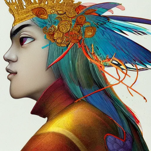 Prompt: prompt : colorful bird, golden crown, soft light painted by james jean and katsuhiro otomo and erik jones, inspired by akira anime, smooth face feature, intricate oil painting, high detail illustration, sharp high detail, manga and anime 1 9 9 9