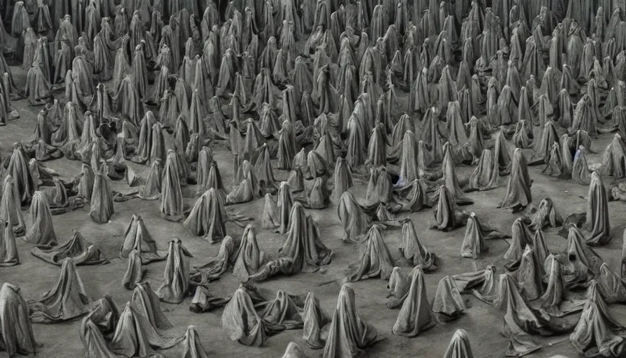 Prompt: Enigmatic Hooded Figures perform a secret Ritual in a huge temple, High Detail, Movie Screenshot, denis villeneuve