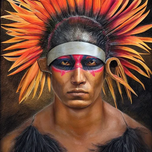 Prompt: a male tupi guarani warrior portrait with bird of paradise flower covering his eye, art by marco mazzoni, dark background, asymmetrical