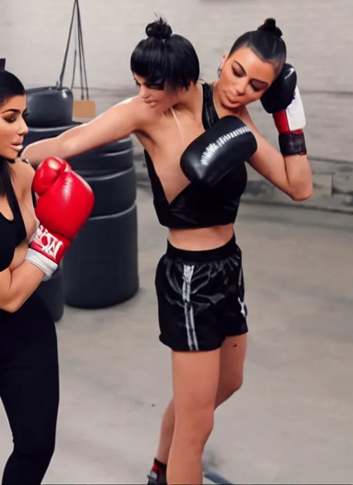 Image similar to film still of kylie Jenner boxing kim kardashian.