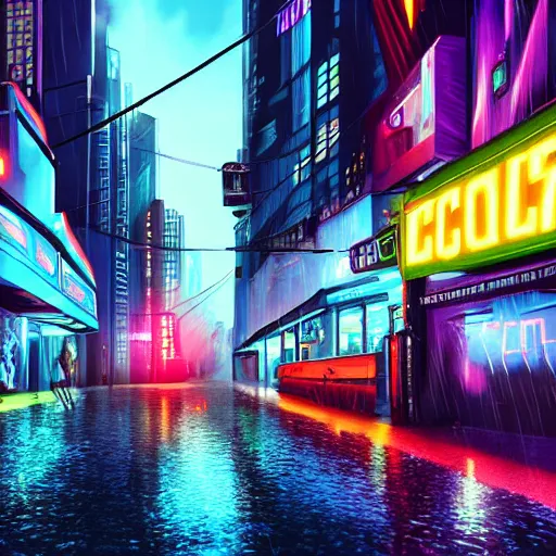 Prompt: sci-fi cyberpunk city street, billboards, neon holograms, neon signs, rainy night, dramatic lighting, cinematic, establishing shot, extremely high detail, photo realistic