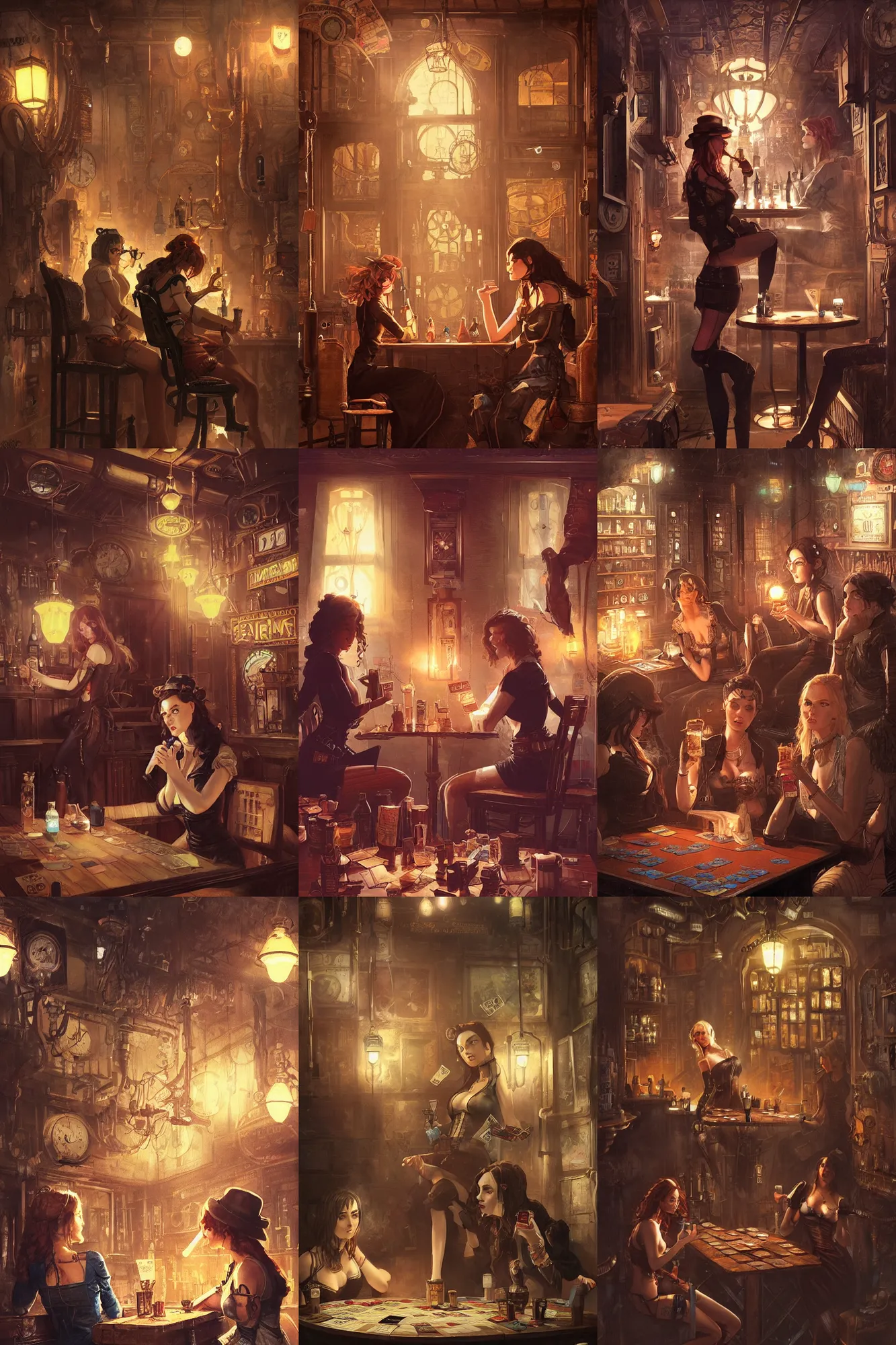 Prompt: women in the interior of a steampunk pub, Greg Rutkowski, Milo Manara, night time, smoking cigarettes, playing card games, highly detailed, Quentin Tarantino movie posters, pulp fiction, level design, concept art, artstation, cgsociety, zenith view