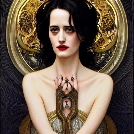 Image similar to beautiful detailed picture of eva green, fully clothed, radiant light, art nouveau, intricate, elegant, highly detailed, symmetrical face, my rendition, digital painting, artstation, concept art, smooth, sharp focus, illustration, art by artgerm and greg rutkowski and alphonse mucha