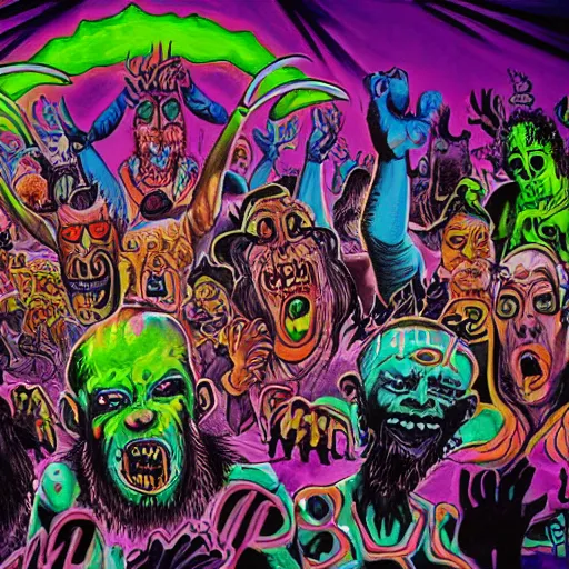 Image similar to mural of demons in rave party in hell by Chor Boogie