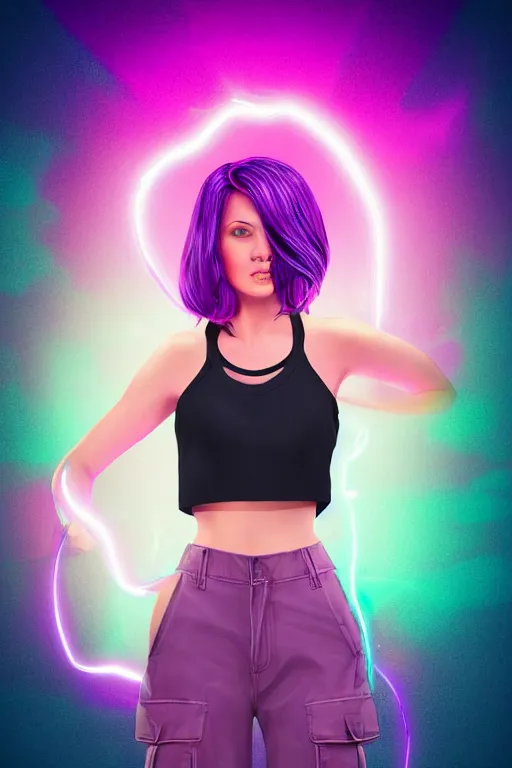 Image similar to a award winning half body portrait of a beautiful woman in a croptop and cargo pants with ombre purple pink teal hairstyle surrounded by whirling illuminated lines, outrun, vaporware, shaded flat illustration, digital art, trending on artstation, highly detailed, fine detail, intricate