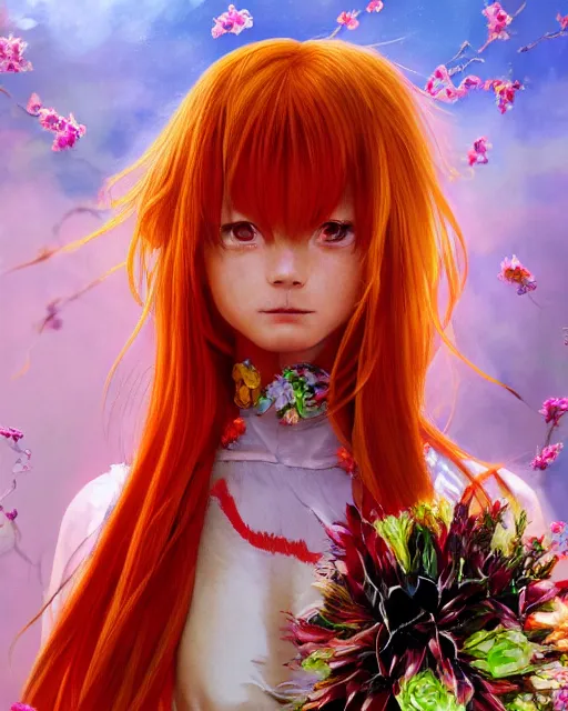 Image similar to studio photo portrait of Asuka Langley from evangelion wearing floral garlands over her traditional dress. full height portrait of Asuka from eva as a slavic pagan priestess wearing traditional pagan dress adorned with golden tiara, concept art by Greg Rutkowski and James Dean and Ross Tran, ultrarealistic octane render, 8k, rtx on, trending on ArtStation