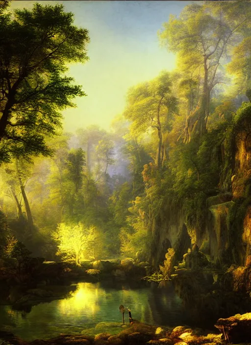 Image similar to a forest oasis, rock pools, harmony of nature, infinite dawn, angelic light, sparkling dew, epic atmosphere, by asher brown durand, by yoshitaka amano