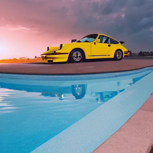 Image similar to a yellow 1 9 8 5 porsche 9 1 1 turbo driven half into a palm beach swimming pool, sunset, hyperreal, 4 k