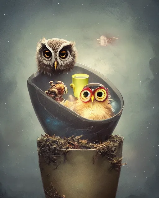 Image similar to long shot of a very cute owl chick nesting in a very futuristic cup, esao andrews, humorous illustration, hyperrealistic, big depth of field, warm colors, night scenery, low light, 3 d octane render, 4 k, conceptart, hyperdetailed, hyperrealistic, trending on artstation