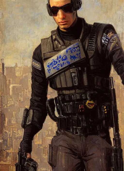 Prompt: Eliezer Nash. Menacing Cyberpunk police trooper wearing a combat vest. Rainy streets (dystopian, police state, Cyberpunk 2077, bladerunner 2049). Iranian orientalist portrait by john william waterhouse and Edwin Longsden Long and Theodore Ralli and Nasreddine Dinet, oil on canvas. Cinematic, vivid colors, hyper realism, realistic proportions, dramatic lighting, high detail 4k