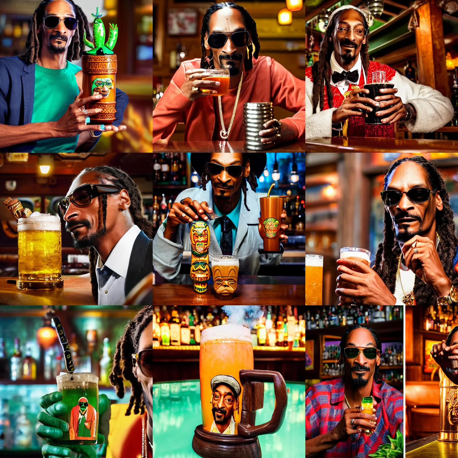 Prompt: a closeup photorealistic photograph of snoop dogg at a trader vic's bar holding a tiki mug with his own face on it. brightly lit scene. this 4 k hd image is trending on artstation, featured on behance, well - rendered, extra crisp, features intricate detail, epic composition and the style of unreal engine.