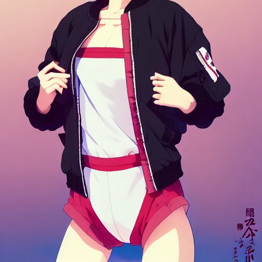 Image similar to a beautiful japanese natalie portman gravure model, wearing oversized native designer bomber jacket and leotard with overalls, bulky poofy bomber jacket with mesoamerican patterns, mesoamerican native street fashion, gapmoe yandere grimdark, trending on pixiv fanbox, painted by greg rutkowski makoto shinkai takashi takeuchi studio ghibli, akihiko yoshida