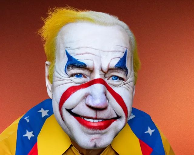 Prompt: studio color photo realistic full body illustration portrait of joe biden as a clown with white face paint orange hair and yellow jumpsuit riding a unicycle