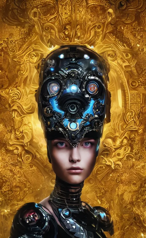 Image similar to the young cyborg girl, piercing glowing eyes, fashion ornate royal armor, striking composition, highly detailed ornate sci fi background, vogue poses, striking composition, vivid details, wires, glowing tubes, beautiful composition, mural in the style of sandro botticelli, caravaggio, albrecth durer, 8k