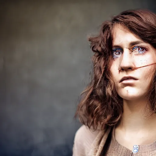 Image similar to color portrait Mid-shot of an beautiful 30-year-old woman with brown hair, street portrait in the style of Martin Schoeller award winning