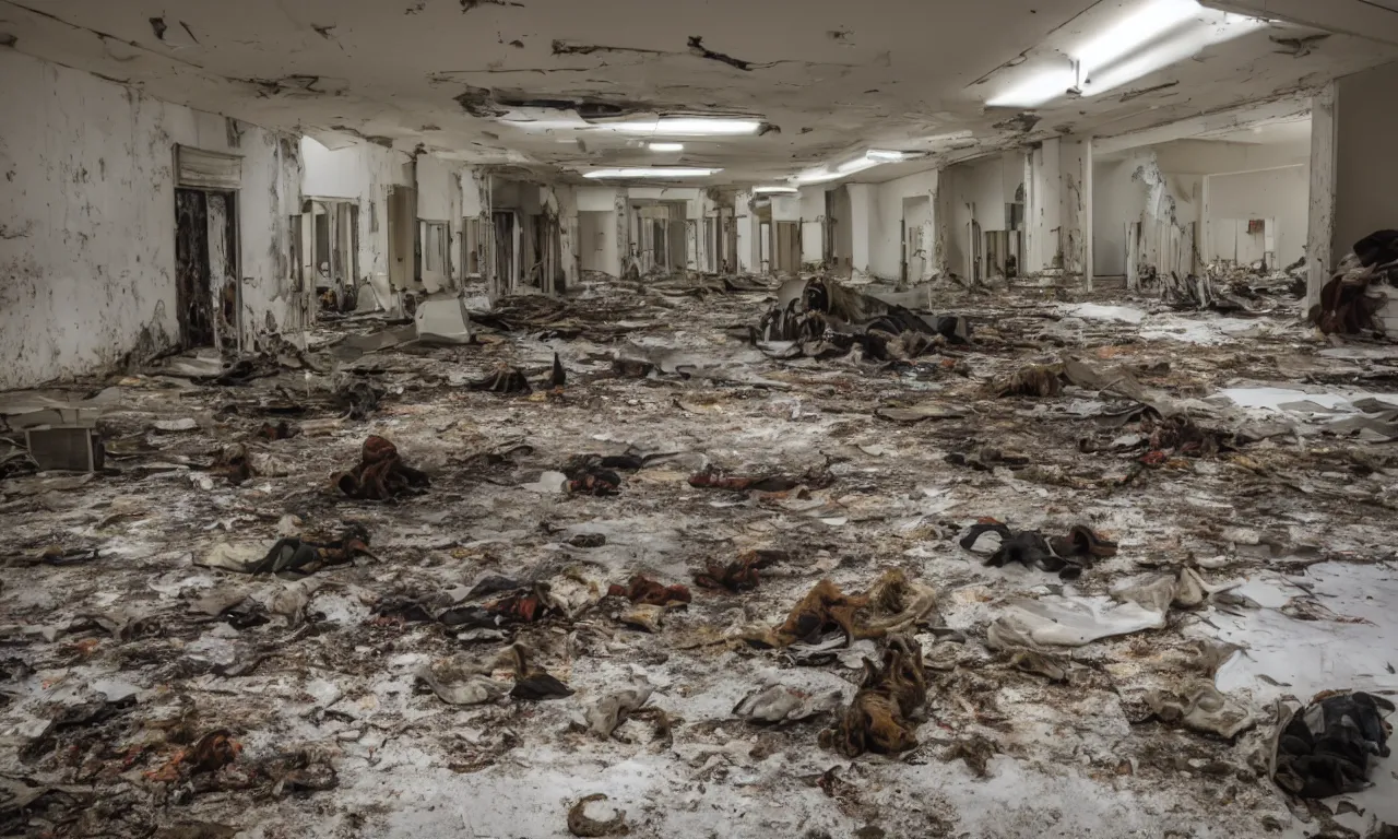 Prompt: backrooms abandoned mall, moldy walls and smoldering stuffed animals sitting in shallow water