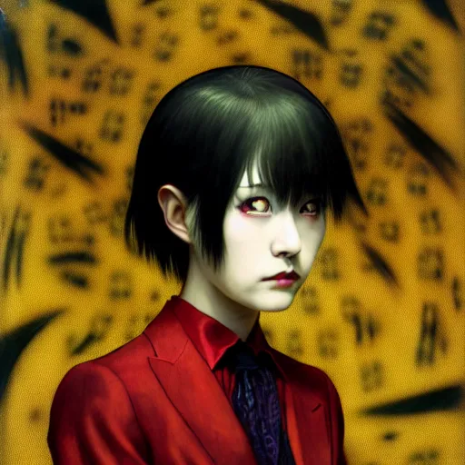 Image similar to yoshitaka amano blurred and dreamy realistic three quarter angle horror portrait of a sinister young woman with short hair, horns and red eyes wearing office suit with tie, junji ito abstract patterns in the background, satoshi kon anime, noisy film grain effect, highly detailed, renaissance oil painting, weird portrait angle, blurred lost edges