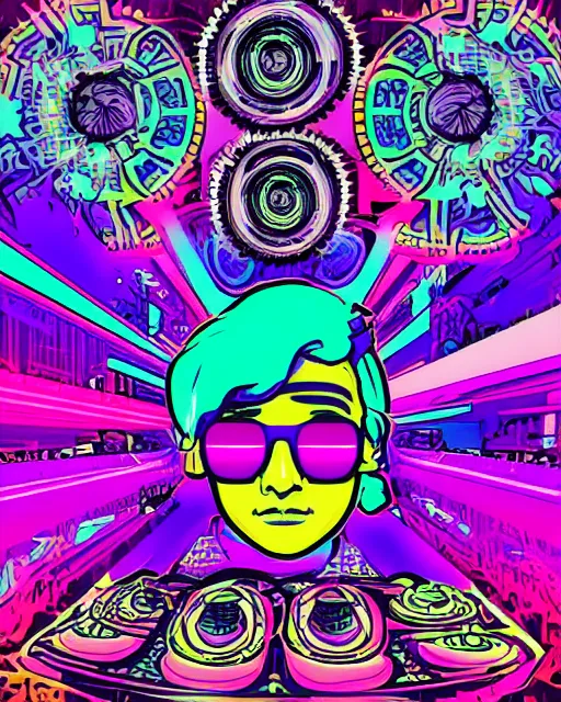 Image similar to psychedelic sticker art, in synthwave vaporwave cyberpunk 6 0 s acid trippy style