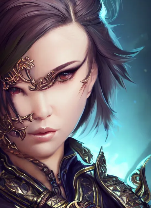 Image similar to rogue, fantasy ornate leather bandit outfit!!! close - up portrait beautiful and athletic short hair female!! gorgeous face and eyes!! character concept art, sharp focus, octane render! unreal engine 5! highly rendered!! trending on artstation!! detailed linework!! illustration by artgerm, wlop, and chie yoshii