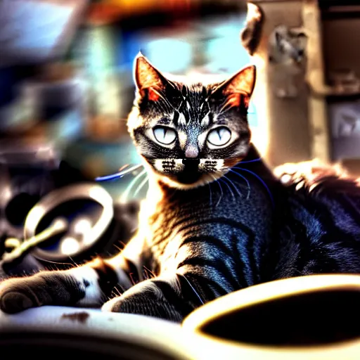 Image similar to cat donald rumsfeld, junkyard, photo, detailed, 4 k