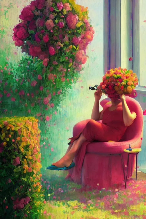 Prompt: closeup, huge flowers as head, woman sitting on lounge chair by a tall window, surreal photography, studio light, impressionist painting, digital painting, artstation, simon stalenhag