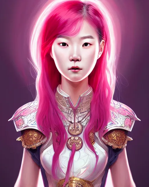 Prompt: Portrait of a korean girl with pink hair wearing a paladin armor with a red skirt and white top, face, fantasy, intricate, elegant, highly detailed, digital painting, artstation, concept art, smooth, sharp focus, illustration, art by Fernanda Suarez and Artem Demura and alphonse mucha