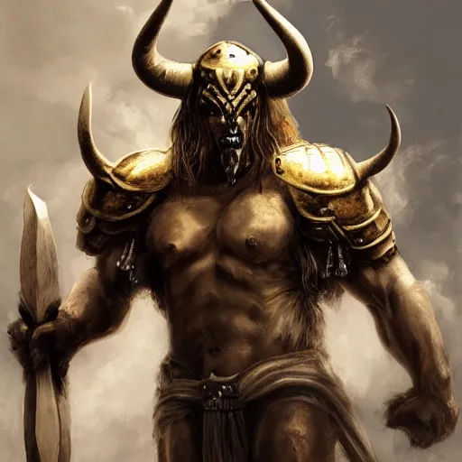 Prompt: Giant minotaur humanoid beast warrior with two handed axe, horned helmet, concept art, heavy white and golden armor, giant horns, portrait, dungeons and dragons, hyperrealism, high details, digital painting, dark fantasy