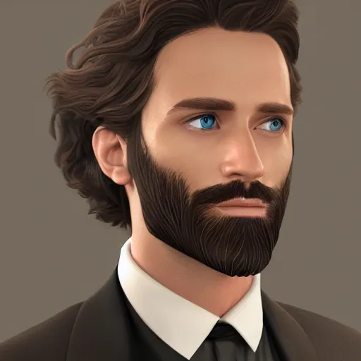 Image similar to a highly detailed portrait of a man, with a brown short beard and hair, blue eyes, wearing a tuxedo, artstation, deviantart, professional, unreal engine 5, photorealistic