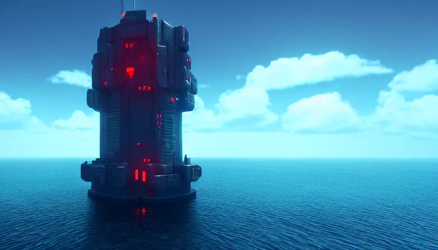 Image similar to a island in the middle of the ocean with a large cyberpunk tower on it, octane, redshift, volumetric lighting, reflections