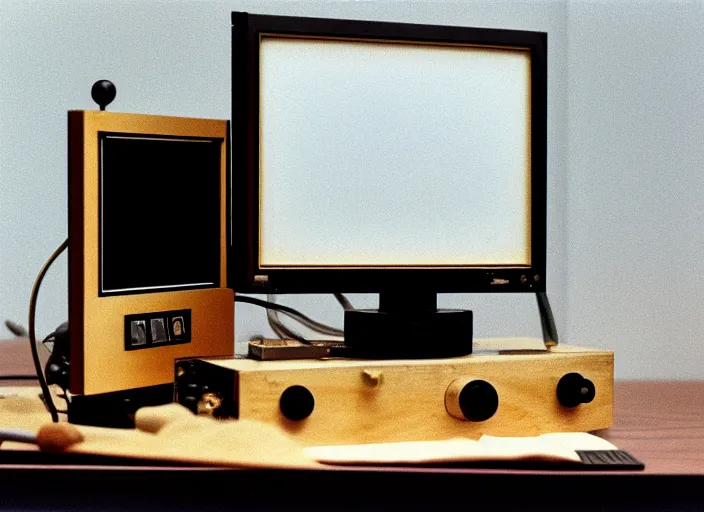 Prompt: realistic photo of scientific astronomy gadget made of wood and brass, with a black display monitor, center straight composition, 1 9 9 0, life magazine photo, museum archival photo