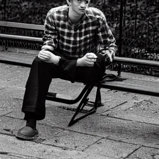 Image similar to photo of sad teenage andrew garfield sitting on a bench in a park, two crutches near bench, wearing shirt and trousers, street of moscow, shallow depth of field, cinematic, 8 0 mm, f 1. 8