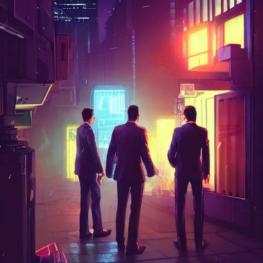 Image similar to bbusinessmen holding a briefcase, detailed digital illustration by greg rutkowski, cyberpunk back alley, nighttime, colorful lighting, android netrunner