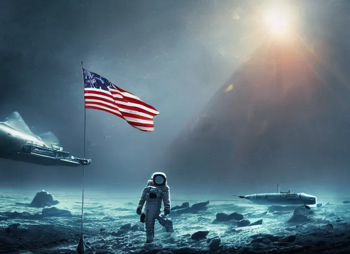 Image similar to astronaut holding a flag in an underwater desert. a submarine is visible in the distance. dark, concept art, cinematic, dramatic, atmospheric, 8 k, trending on artstation, blue, fish, low visibility, fog, ocean floor, christopher nolan, interstellar