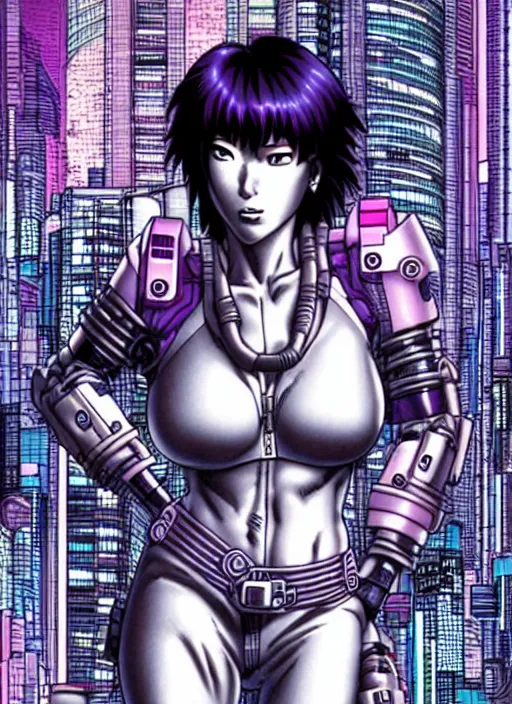 Image similar to motoko kusanagi in grungy cyberpunk megacity, intricate and finely detailed, cyberpunk vaporwave, portrait by j scott campbell