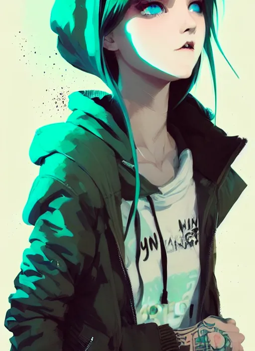 Image similar to highly detailed portrait of a urban punk lady student, blue eyes, hoodie, white hair by atey ghailan, by greg rutkowski, by greg tocchini, by james gilleard, by joe fenton, by kaethe butcher, gradient green, black, brown and teal color scheme, grunge aesthetic!!! ( ( graffiti tag wall background ) )