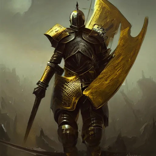 Image similar to anthropomorphic knight warrior in battle wearing black and gold plate armor, oil painting, Tooth Wu, Greg Rutkowski, RPG, dynamic lighting, fantasy art, High contrast, depth of field, landscape, scenery