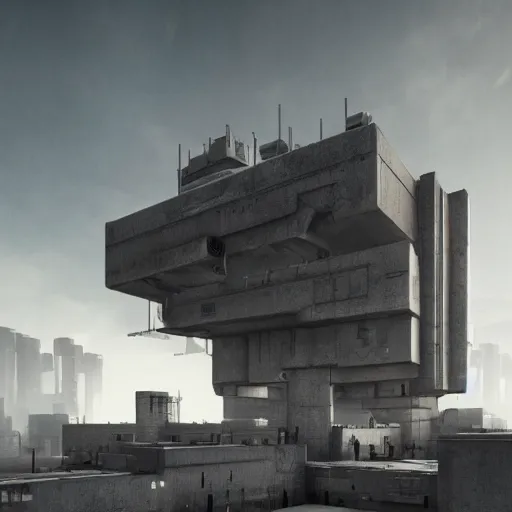 Image similar to scifi brutalist industrial complex, photorealistic