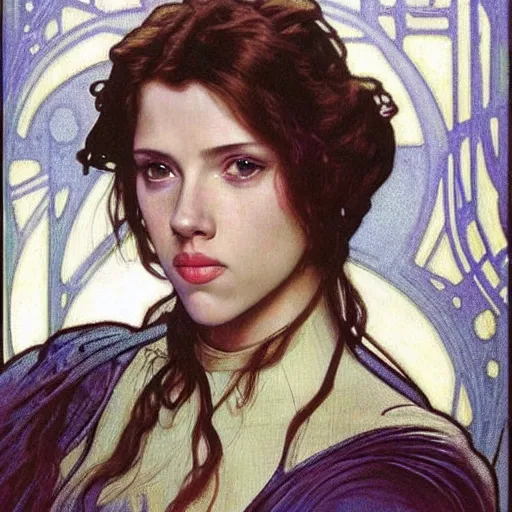 Prompt: head and shoulders portrait of a female knight, jedi, young scarlett johansson, star wars, blue lightsaber, by alphonse mucha, face detail, extremely detailed, art nouveau painting