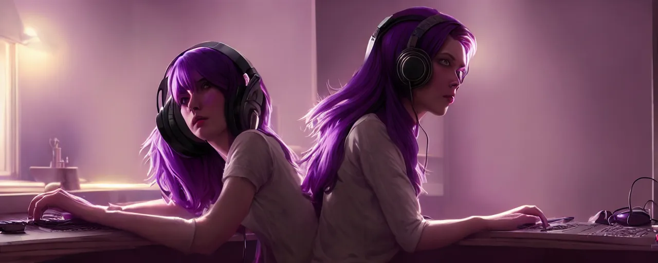 Image similar to wide - shot of stunningly beautiful purple haired female with headphones at home studio streaming computer games late at night, very detailed, 4 k, concept art like ernest khalimov, intricate details, highly detailed by greg rutkowski, ilya kuvshinov, gaston bussiere, craig mullins, simon bisley, backlit