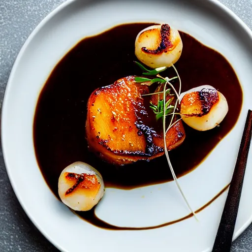 Prompt: miso glazed scallop main dish plated for michelin star, overhead shot, nikon d 7 3 0